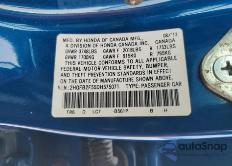2013 Honda Civic Lx from USA, damaged, VIN 2HGFB2F55DH575071